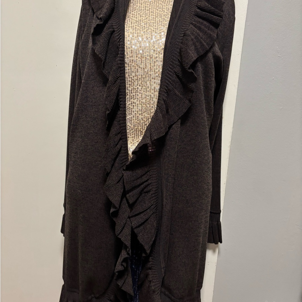 Misook Ruffled Cardigan Sweater - Dark Brown